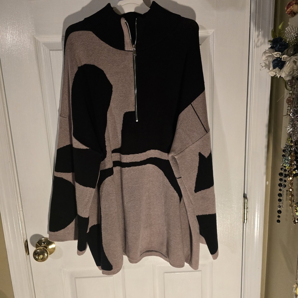 Abstract Colorblock Half Zip Mock Neck Sweater XXL‎ Black Mauve Oversized Knit